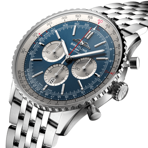 Top Watches for Christmas 2024: Breitling Navitimer B01 Chronograph 46 with military blue dial, stainless steel case, and pilot’s slide rule bezel.