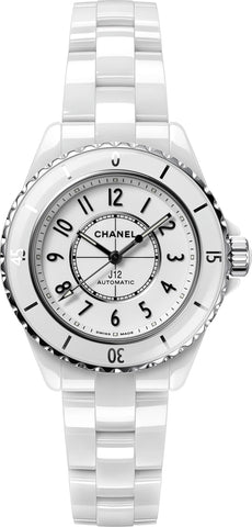 Chanel J12 White 33mm Ceramic Automatic watch with glossy white ceramic case, bracelet, and contrasting black Arabic numerals. A sophisticated timepiece for Christmas 2024.